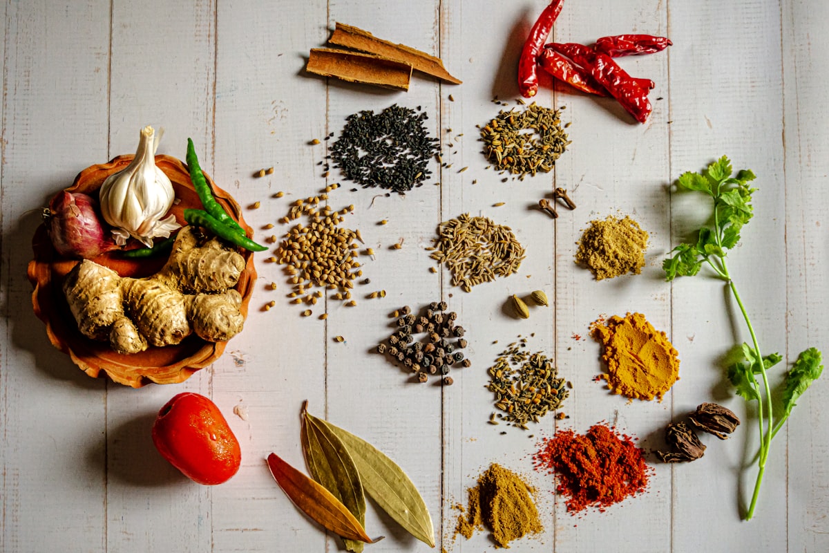 Curry & Masala Blends — Indian whole and ground spices flatlay